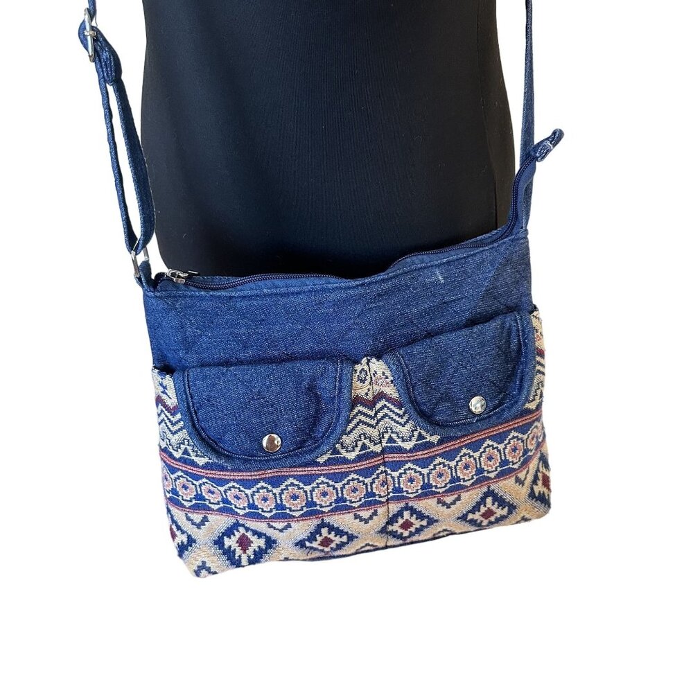 Vtg Canyon Sky Womens Blue Aztec Print Crossbody Bag Purse Sling 90s Quilted